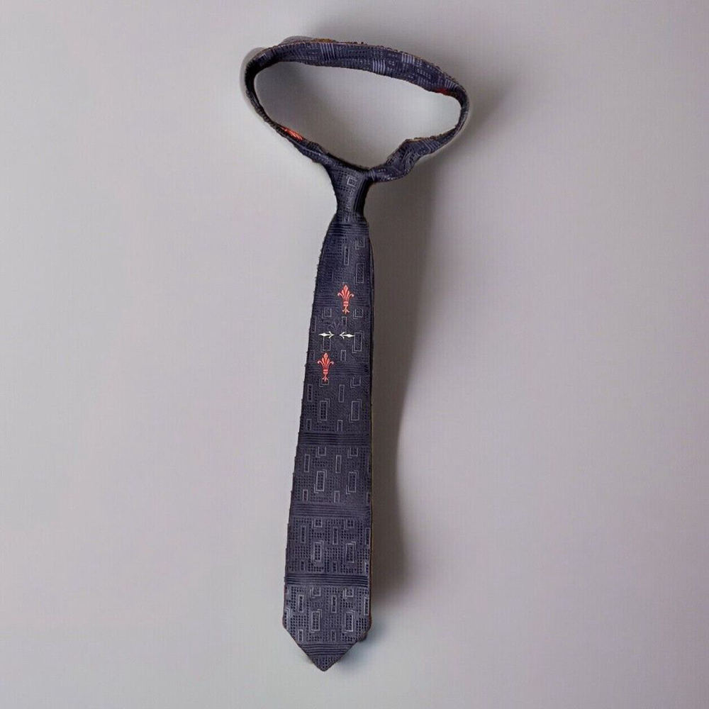 Vintage Men’s Silk Necktie By Arrow Navy Blue Geometric with Red Print